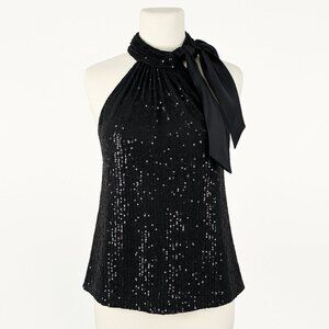 NEW Ramy Brook Women's Small Paula Sequined Tie Neck Halter Top Blouse Black